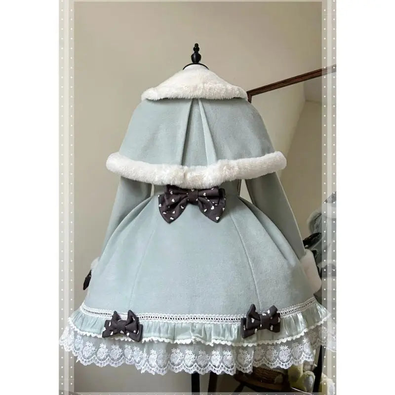 Winter Clothes New Sweet Lolita Dresses Short Cloak Shawl Coat Bow Aline Wool Dress Woolen Two Piece Set Outfits