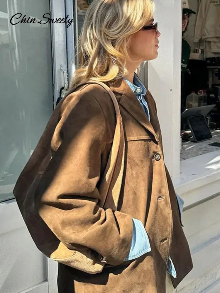 Suede Jackets Loose Lapel Single Breasted Long Sleeves Pockets Blazer Coats Female Autumn New in Outwear