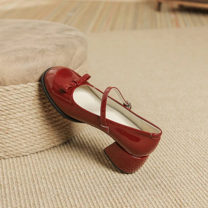 Patented Leather Mary Jane Shoes Retro Thick Heel Round Toe Shoes New One Line Buckle Lace Up Single Shoe