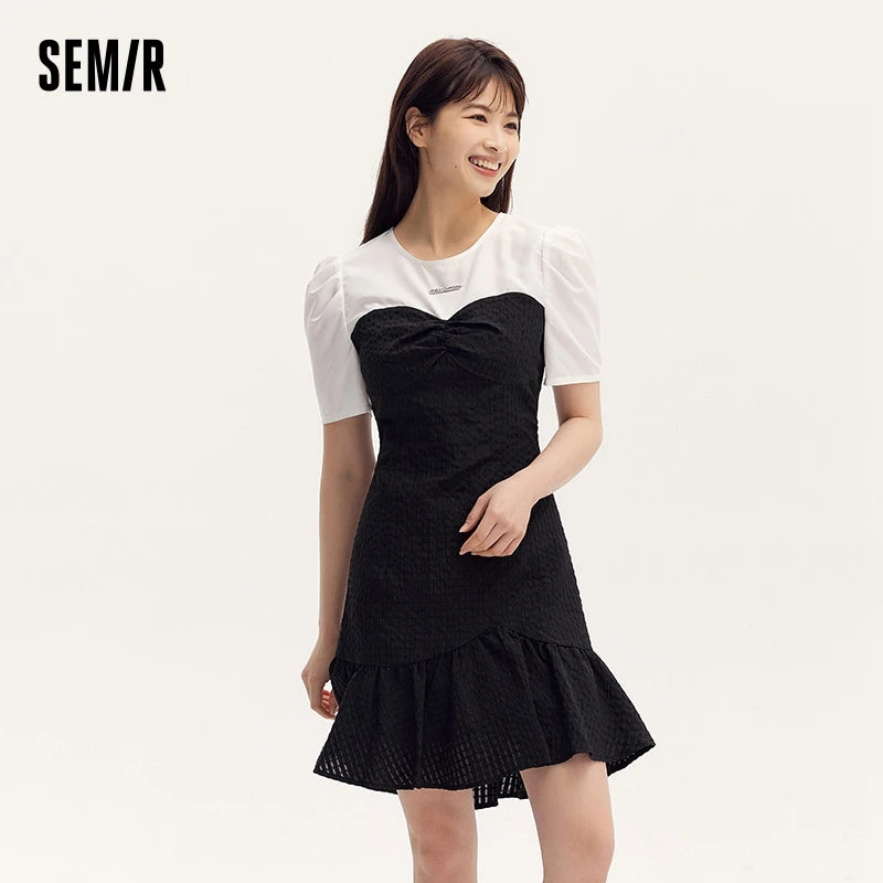 Color Block Little Black Dress and Commute Summer New Gentle Texture Playful Mermaid Hem Short Skirt