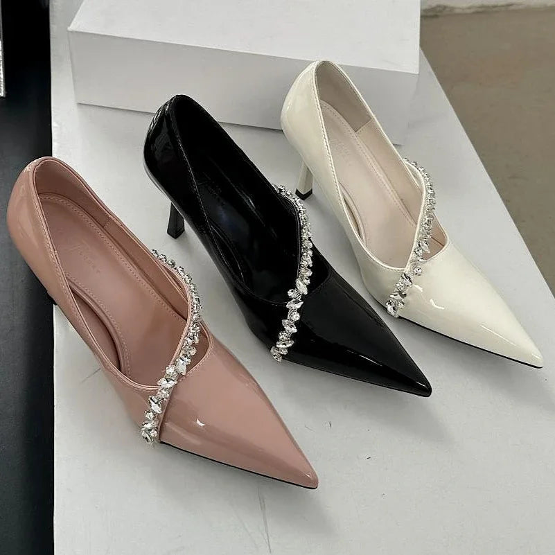 Rhinestone Chain Thin High Heels Pointed Toe Pumps Office Shoes Female Dress Shoes Zapatos De Mujer