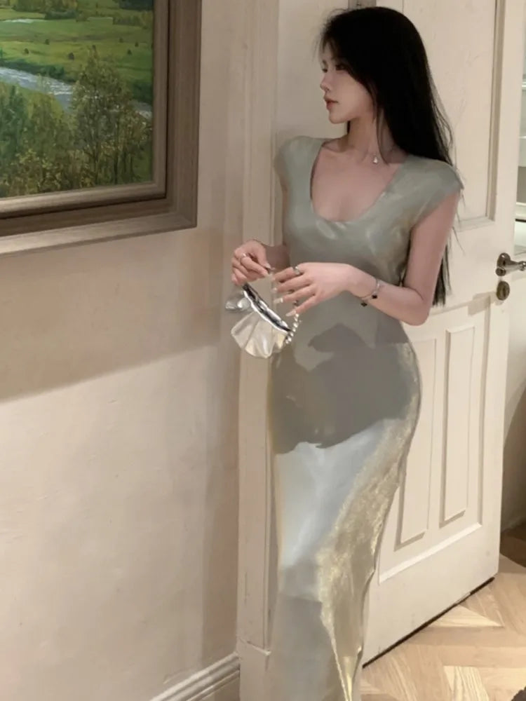 Bodycon Mermaid Midi Dress Summer Female Evening Party Maxi Dresses Short Sleeve Vestidos French Robe