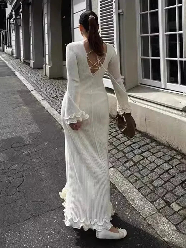 Long Sleeve Slim Maxi Fungus Dress for Backless Long Dress Club Party Clothes Autumn Winter New