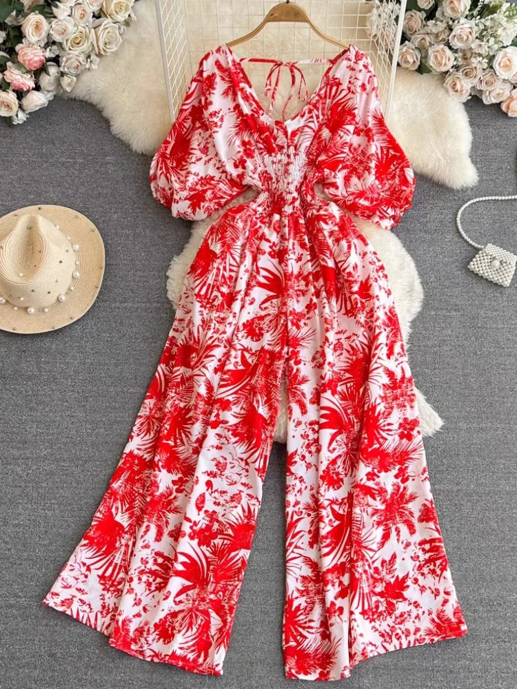 Print Puff Sleeve V Neck Jumpsuits Summer New High Waist One Piece Female Straight Wide Leg Pants
