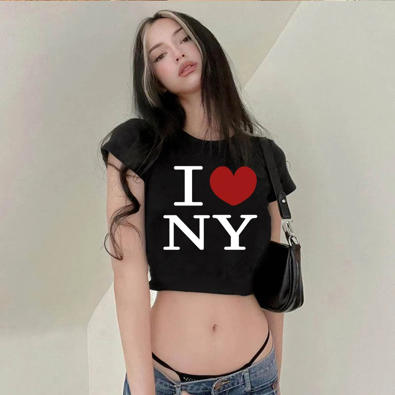 Y2k Summer New Round Neck Short Sleeved Letter Printed Open Navel European and American ’s Top T-shirt