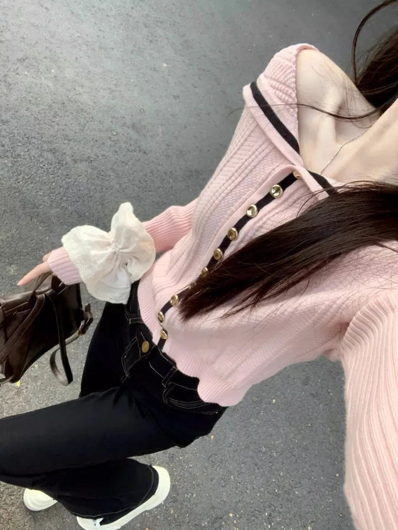 Sweet Hot Girl Pink Off Shoulder Longsleeved Sweater Autumn Sailor Collar Knitted Cardigan Top Female Clothes