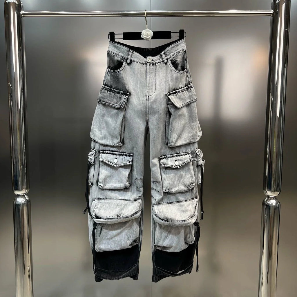 Gradient Multiple Pockets Design Jeans Single Button High Waist Denim Pants Autumn Female New
