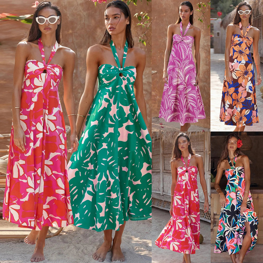 Summer Dress Hanging Neck Dress Print Long Dress Bodycon Vestido Y2k