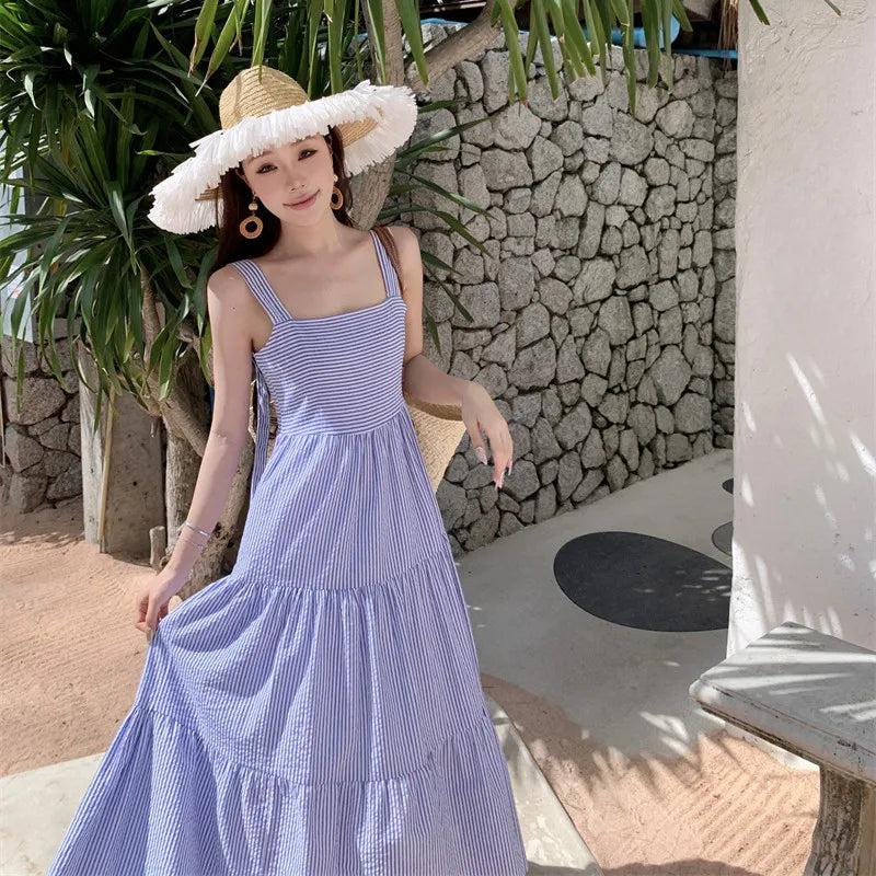 Retro Blue Stripe Party Slim Sleeveless Long Dresses Club Vacation Pleated Slip Dress Summer