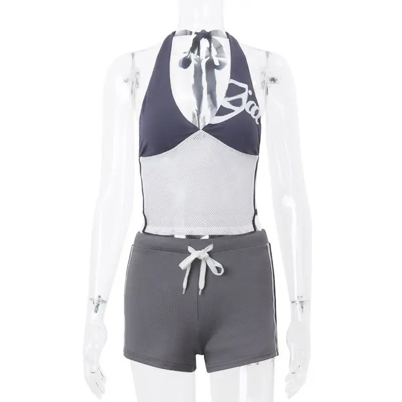 Pant Set Halter V Neck Halter Waistband Slim-fit Midriff Stretch Waist Lace Up Shorts Style Summer New