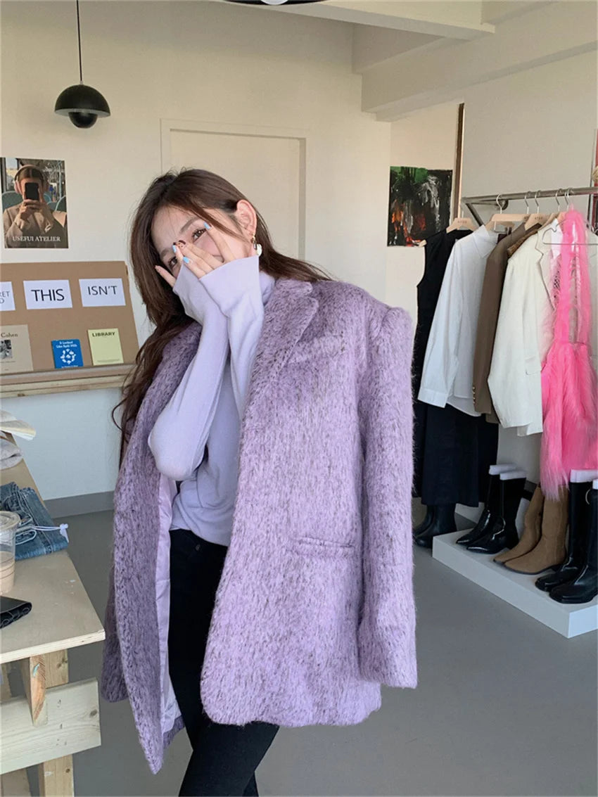 Purple Slimfit Blazers Winter Woolen Mujer Office Lady High Street Ol Warm New All Match Coats