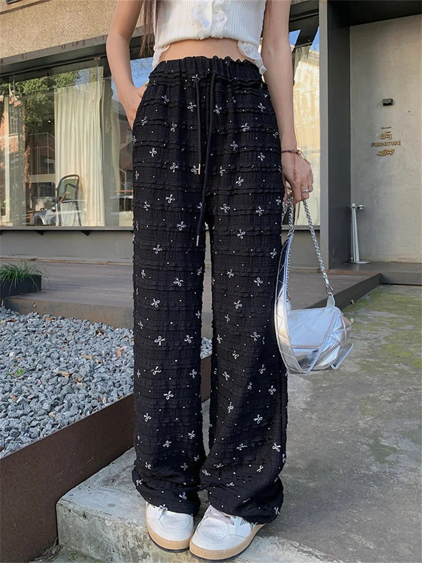 Printed Lace Pants Summer High Waist Loose Slim New Straight Office Lady Daily