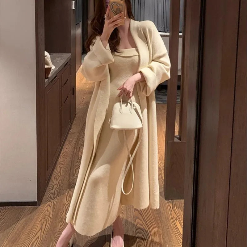 Autumn Winter Warm Knitted 2-piece Dress Set Soft Long Cardigan Strapless Bodycon Split Midi Dress Outfits