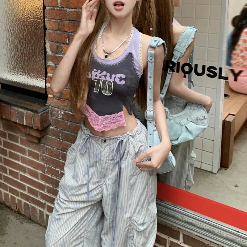 Summer New Korean Letter Printed Lace Patchwork Camisole + High Waist Drawstring Striped Pants Twopiece Suit