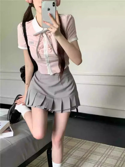Kawaii Pink Blouse Preppy Style Short Sleeve Lace Up Lapel Collar Shirt Summer Slim Fit Aesthetics Clothes
