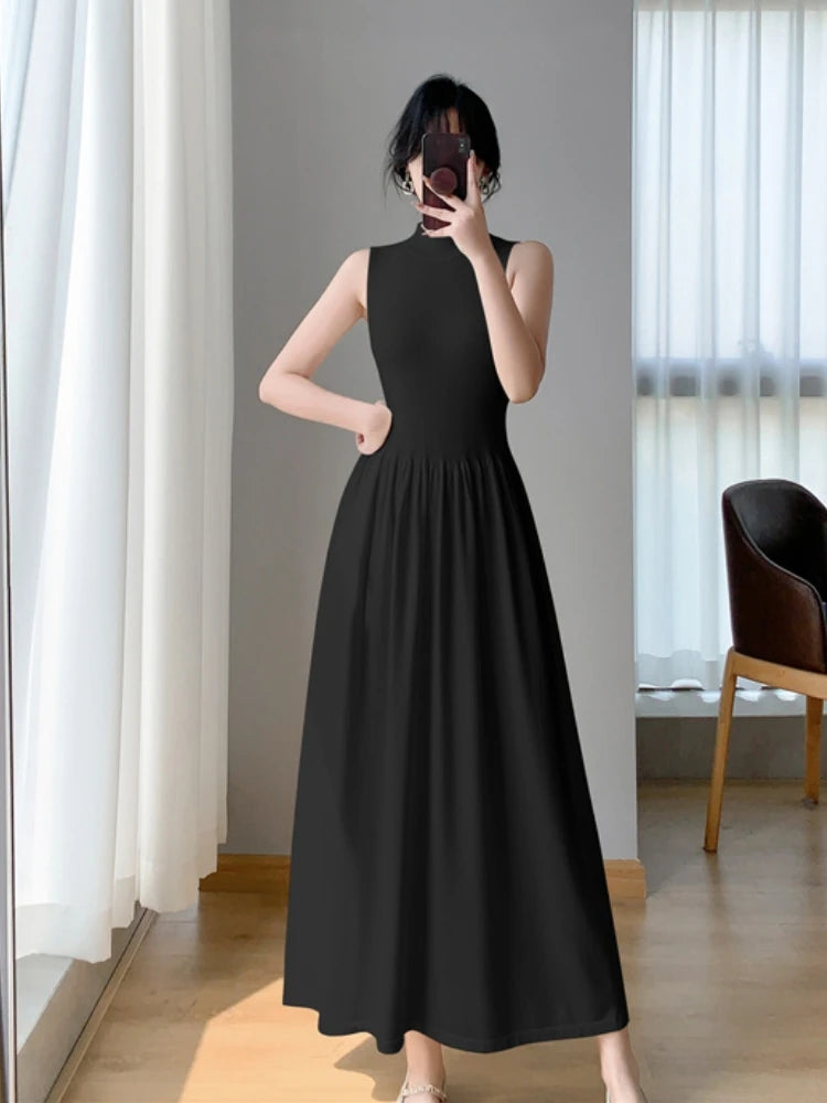 Spring Summer New Sleeveless Knitted Midi Dress Slim Robe
