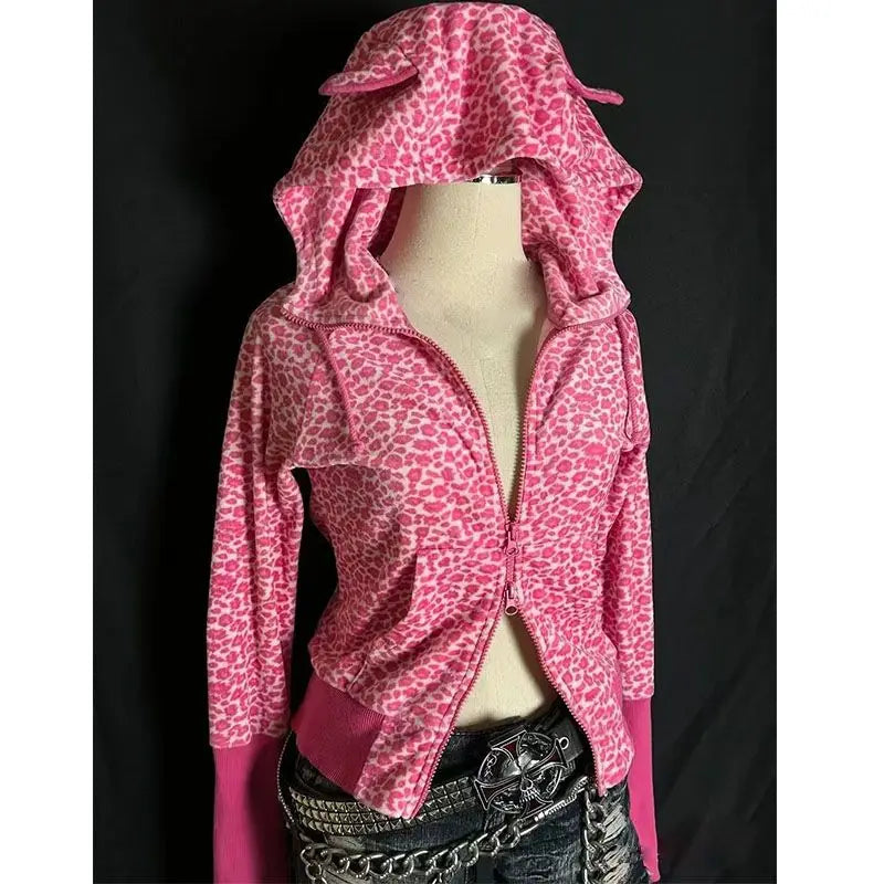 Autumn/winter American Retro Hot Girl Plum Pink Leopard Pattern Loose Hoodie Top Zipper Coat Sweatshirt for