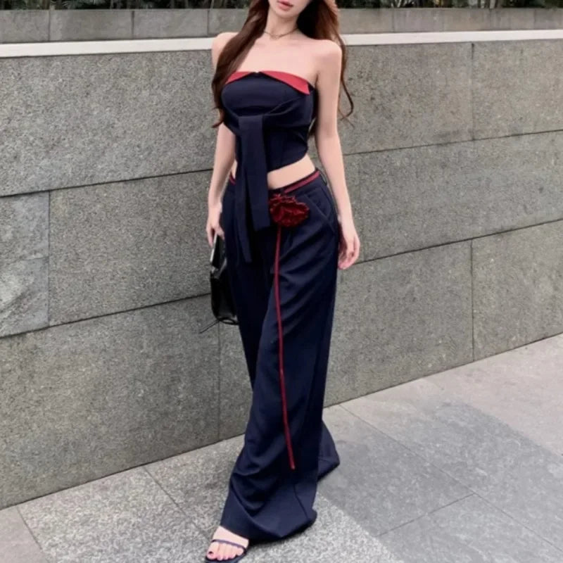 Summer New High Street Lace Up 3d Flower Loose Wide Leg Pants + Patchwork Camisole Twopiece Suit