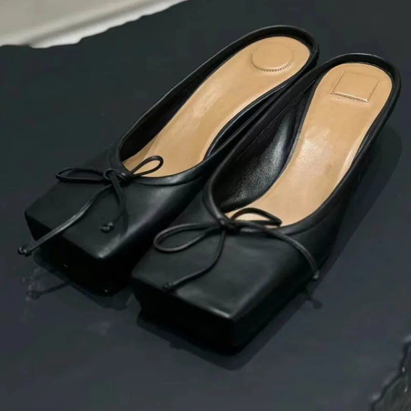 Brand Designer Mule Pumps Slippers Bow Square Toe Party Dress Shoes Red High Heels Sandals