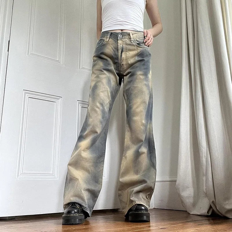 Gradient Color Jeans Loose Washed Y2k Wide Leg Pant High Street Straight Denim Trousers