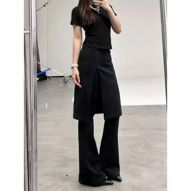 Fake Twopiece Slim Wide Leg Pants Spring New Korean High Waist Pleated Skirt Splicing Knit Pants