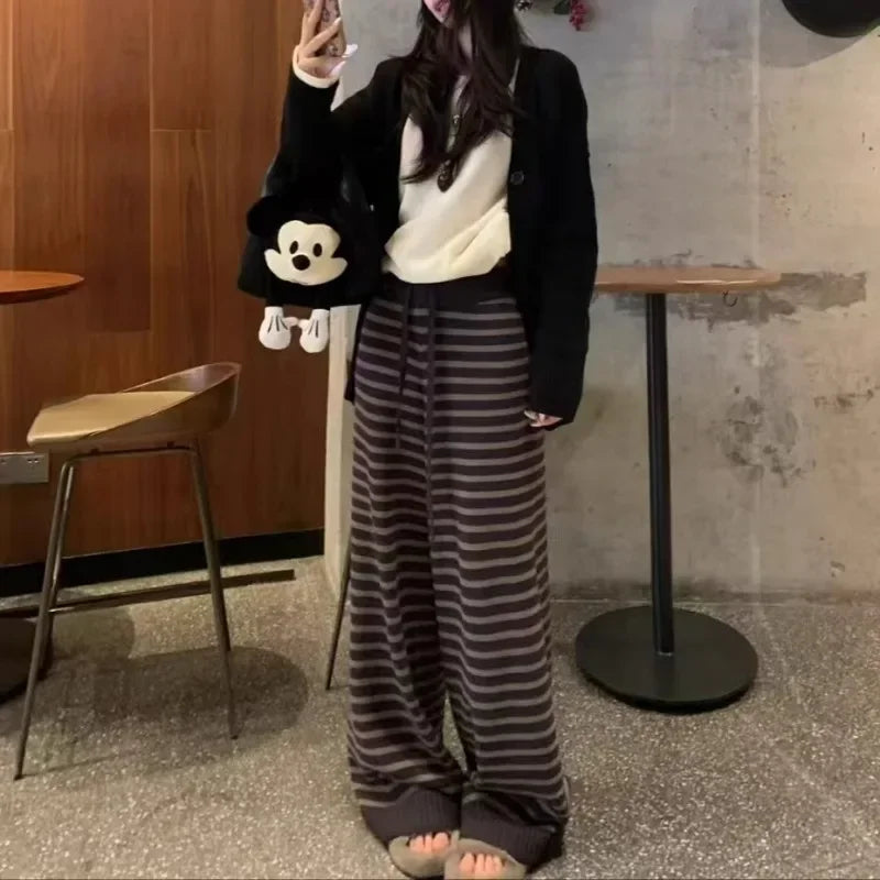 Laceup Loose Knitted Pants Spring New Korean High Waist Contrast Color Striped Wide Leg Pants