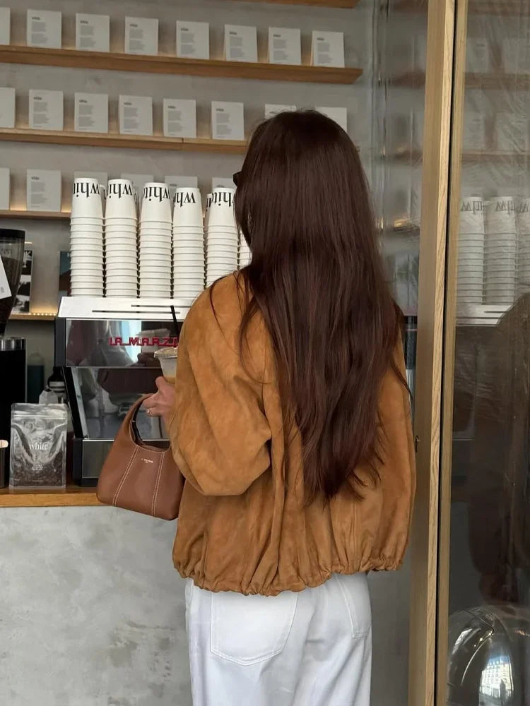 Long Sleeve Stand Collar Female Coats Suede Zipper Jacket for Autumn New Lady Pockets Outerwear Street