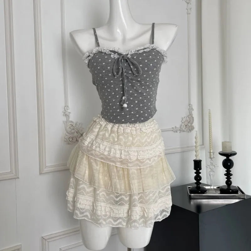 Autumn New Sweet 3-piece Skirt Set Spaghetti Strap Top Cardigan Mini Cake Skirt Y2k Kawaii Korean Suit Clothing