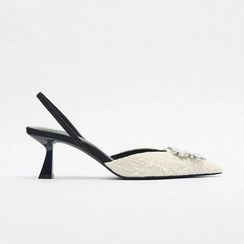 Square Rhinestone Mid Heels Pumps for Woman White Tassel Texture Black Sole Slingbacks Shoes Point Head Spike Heel Sandals