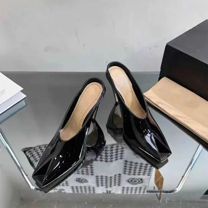 European and American Metal Buckle Slim High Heel Muller Fish Mouth Sandals Pointed Nightclub Runway Shoes