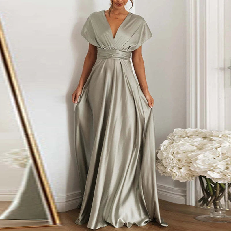 Off Shoulder High Waist Satin Long Dress Color V Neck Sleeveless Dress New Cross Backless Laceup Party Dress