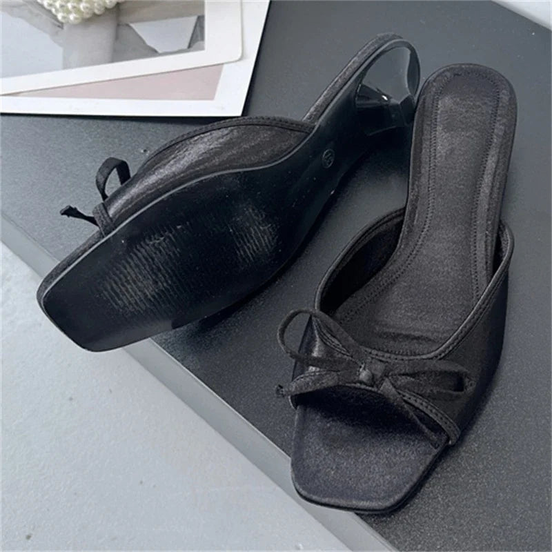 Summer Butterflykont Slippers Square Toe Party Dress Female Sandals Low Heels Shoes Large Size 43