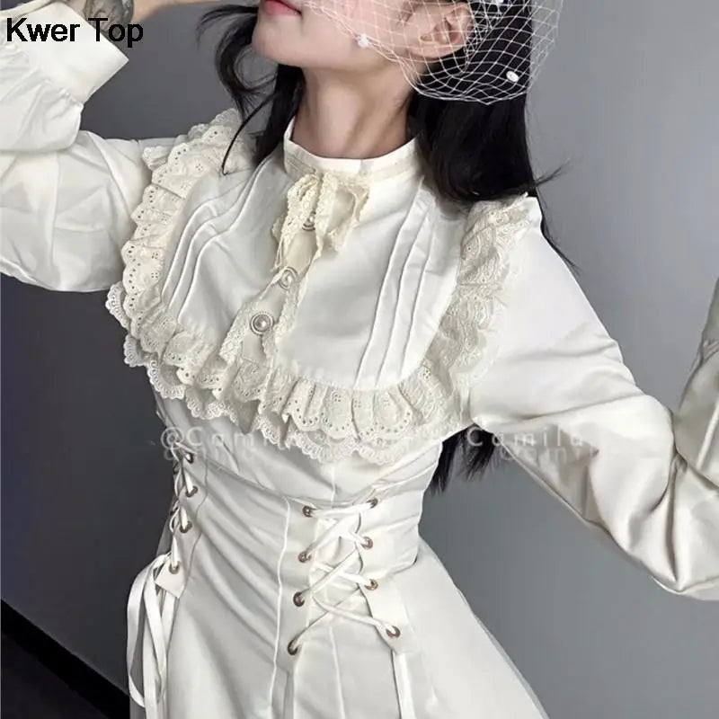 Princess Laceup Midi Dresses Autumn New Party Dress Long Sleeve Oneck High Waist Y2k Gothic Vestidos Mujer
