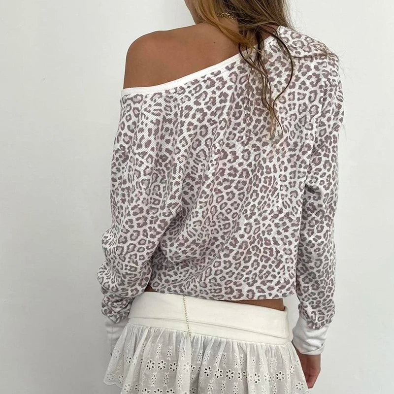 Stylish Leopard Print T-shirt Y2k Street Outfits Ribbed Long Sleeve Button Up Fitted Cropped Top Retro