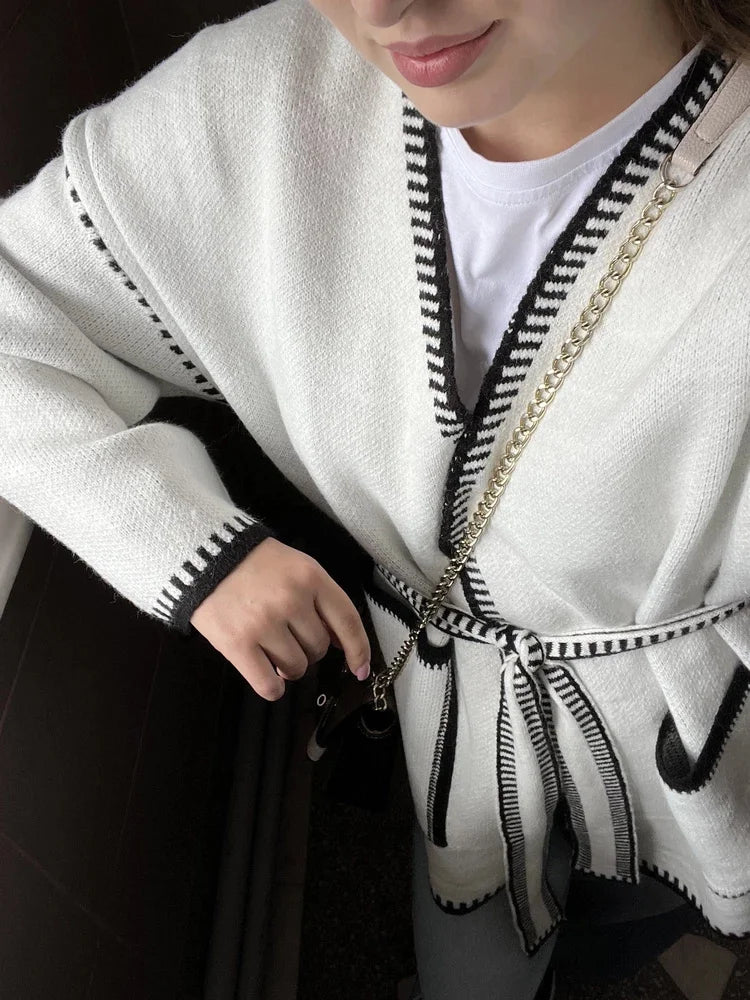Knit Contrast Cardigan Sweater for Lace-up Pocket Long Sleeve Patchwork Loose Coat Autumn Knitwear ’s Outwear