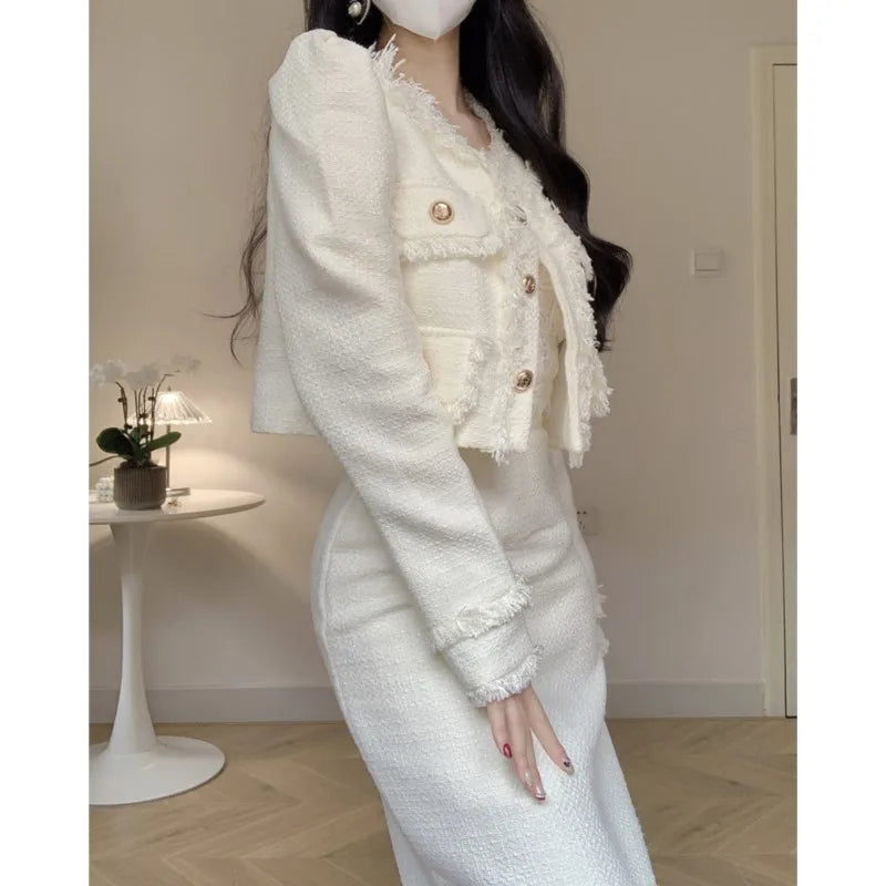 Korean Two-piece Skirt Sets Crop Jacket Coat Bodycon Midi Skirt Autumn Winter New Female Outfits