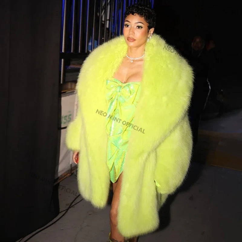 Brand Runway Long Hooded Faux Fur Coat Jacket Ins Nicki Minaj Neon Green Chunky Overcoat Outerwear