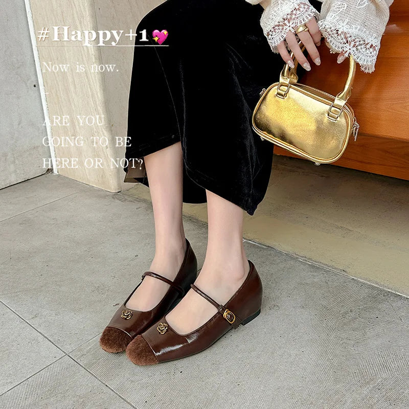 Simple Flower Mary Jane Shoes Spring New Round Head One Strap Metal Buckle Office Square Heel Flat Shoes