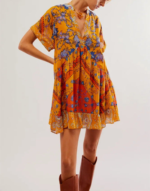 Color Print Mini Dresses Spring Summer New V-neck Short Sleeves Folds Loose Irregular Short Dress Vestidos