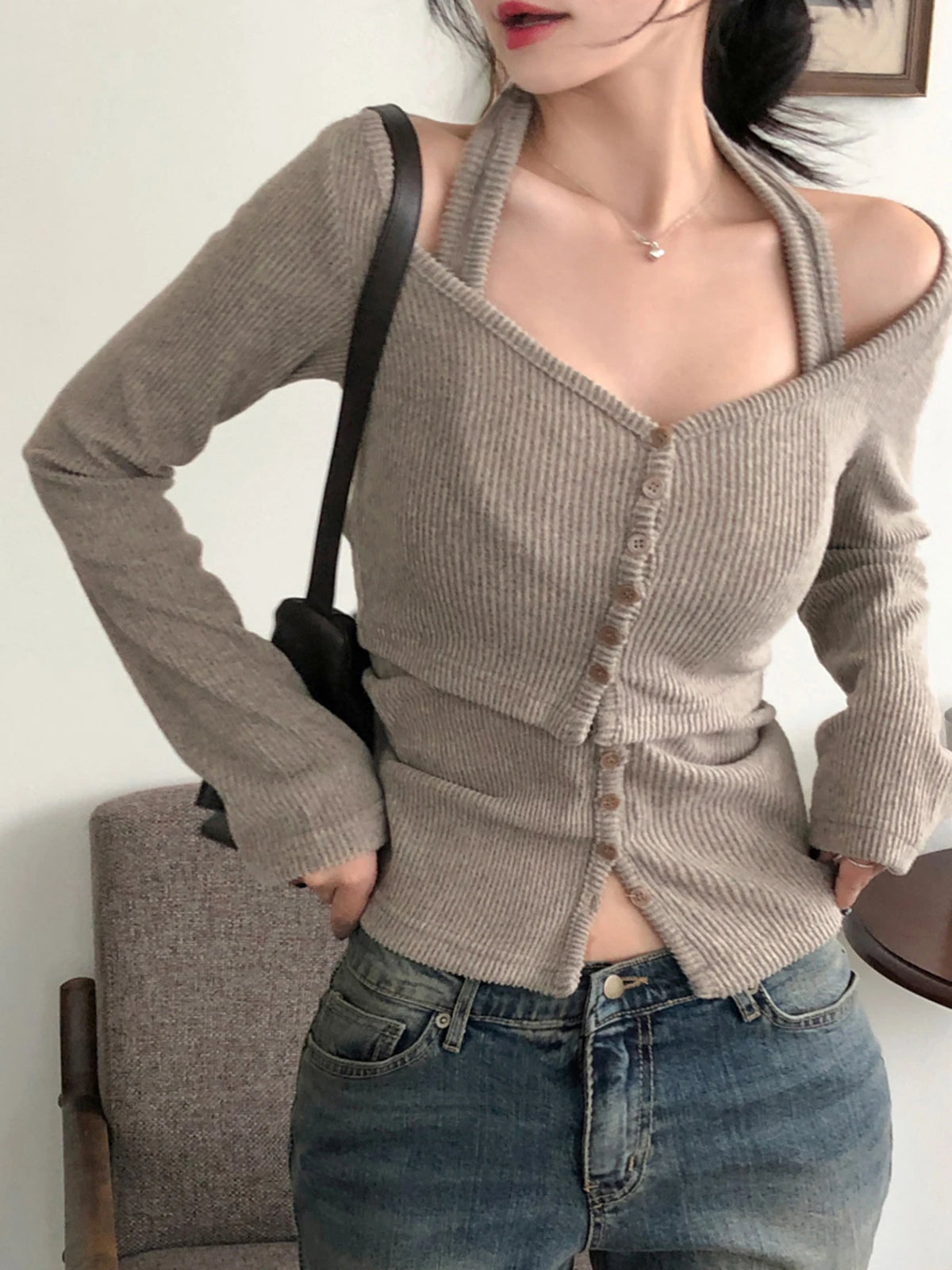 2 Piece Set ��s Halter Top Tee Long Sleeves Korean Style Office Lady Simple All-match Blouses