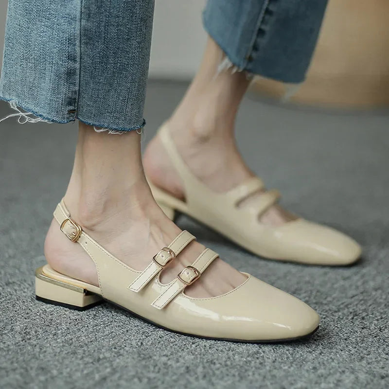 Sandals Summer Shoes Woman Flats Double Buckle Mary Janes Shoes Patent Leather Dress Shoes Back Strap Zapatos Mujer