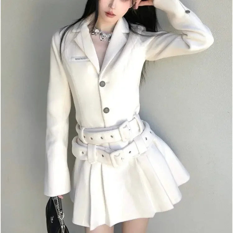 French Highend White Suit Dress Clothing Autumn New Long Sleeve Waist Belted Slimming Aline Pleated Mini Dress
