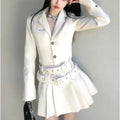 French Highend White Suit Dress Clothing Autumn New Long Sleeve Waist Belted Slimming Aline Pleated Mini Dress