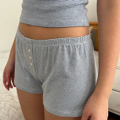Striped Loungwear Lace Trim V Neck Sleeveless Camis Crop Tops + Shorts Kawaii Pajamas 2 Piece Set Y2k Retro Outfits