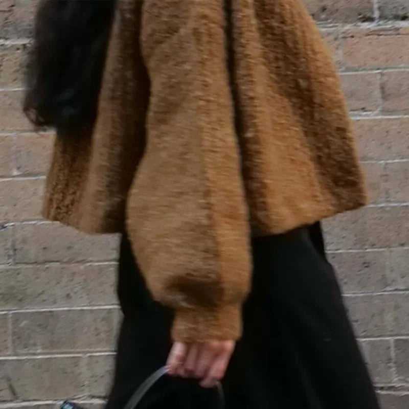 Color Simple Knitted Cardigan Loose Round Neck Single Breasted Sweater Retro Tops Short Sweaters