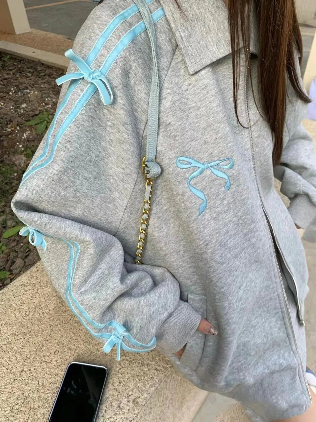 Spring Gray Two Piece Set Outfits Sports Style Plush Loose Zipper Hoodies Coat Aline Short Skirt Set
