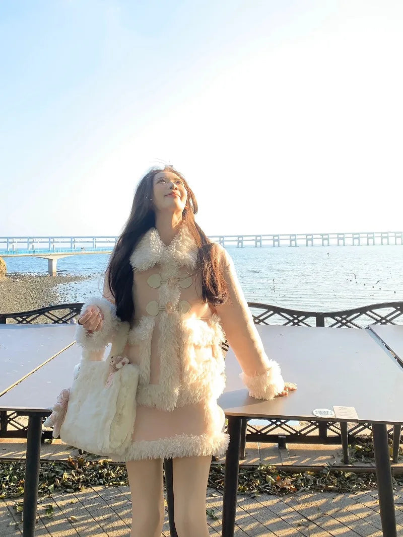 Sweet Hot Girl Suit Autumn/winter Lamb Wool Suede Coat Highwaisted Mini Skirt Twopiece Set Female Clothes