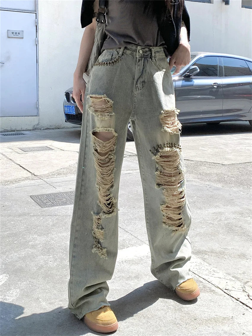 Autumn Hole Jeans High Waist Straight Loose Wide Leg Slim Office Wear Daily Pants