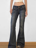 Y2k Flared Jeans Retro Button-up Low Rise Denim Pants Harajuku 2000s Trousers Basic Aesthetic Mom Jeans