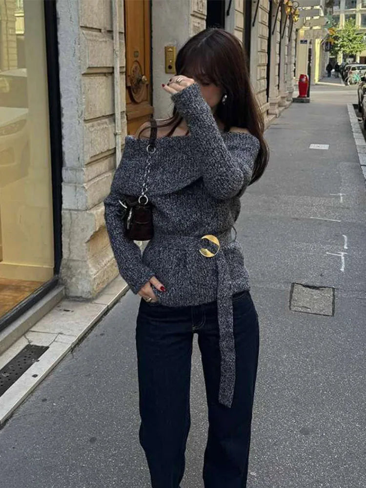 Off Shoulder Sweater With Belt Knitted Thick Long Sleeve Sweaters Female Winter Street Knitwear